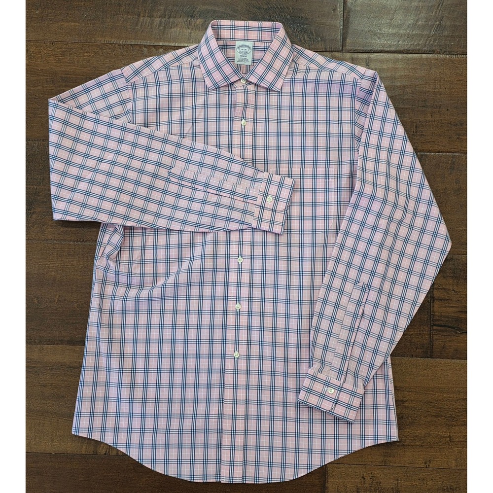 Brooks Brothers Regent Non-Iron Dress Shirt 16-35 Pink Navy Plaid Supima Cotton